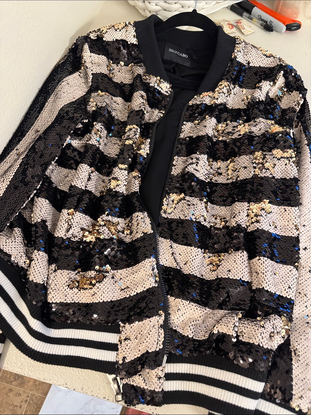 Dolce Cabo Black and Cream Sequin Stripe Bomber Jacket